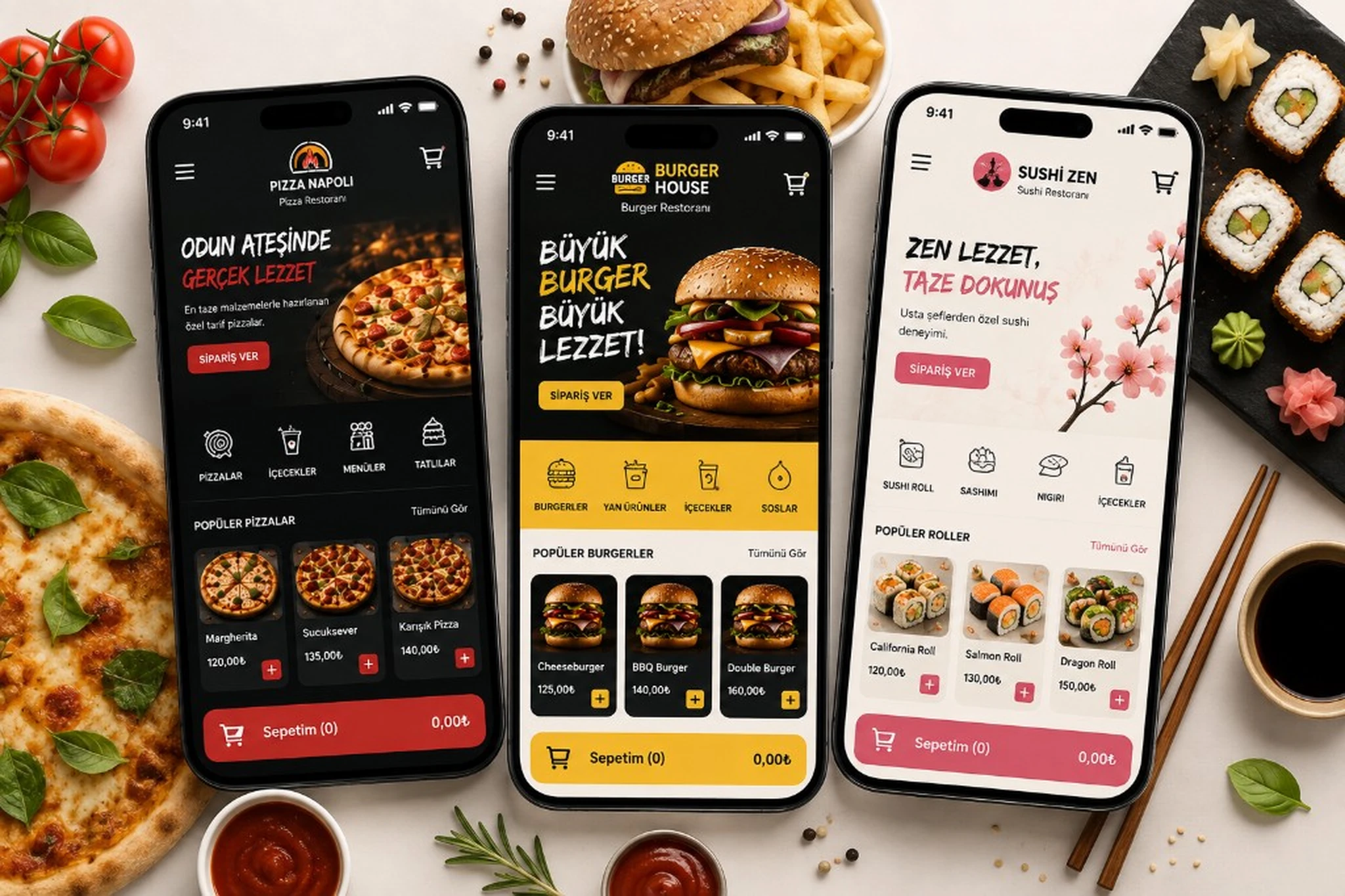 Brand-specific mobile ordering: pizza, burger and sushi restaurant examples