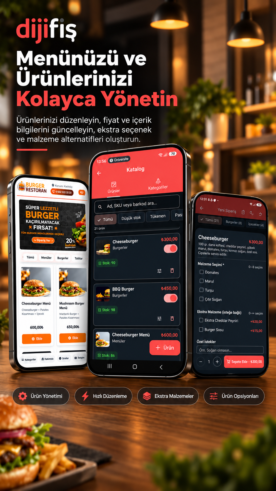 Menu, product, extra and option management