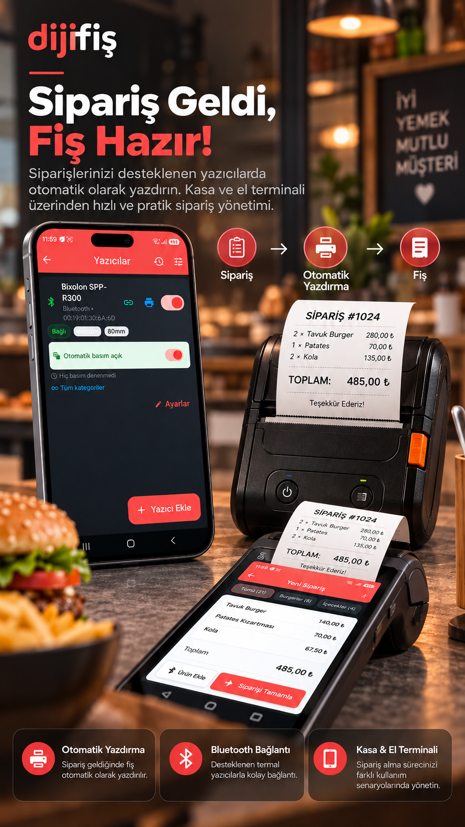 Cashier screen printing a ticket when an order arrives