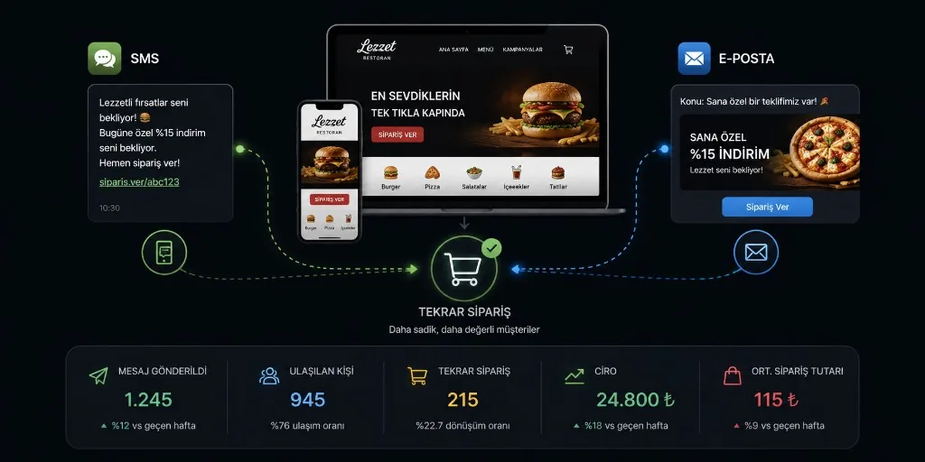 SMS and email repeat-order flow with campaign performance metrics
