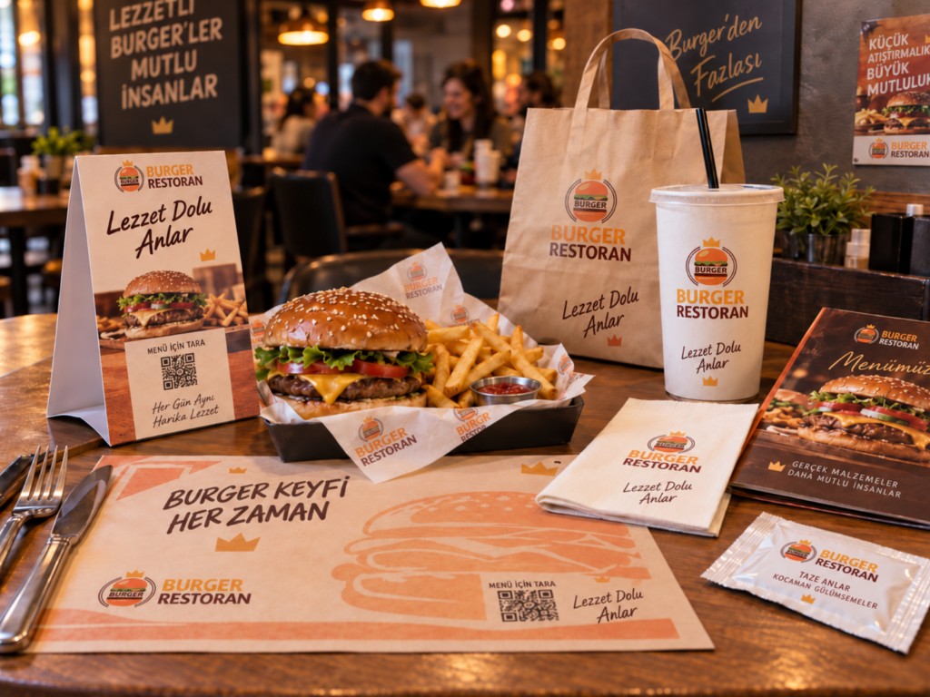 Printed napkins, wet wipes, placemat, menu and takeaway products for restaurants